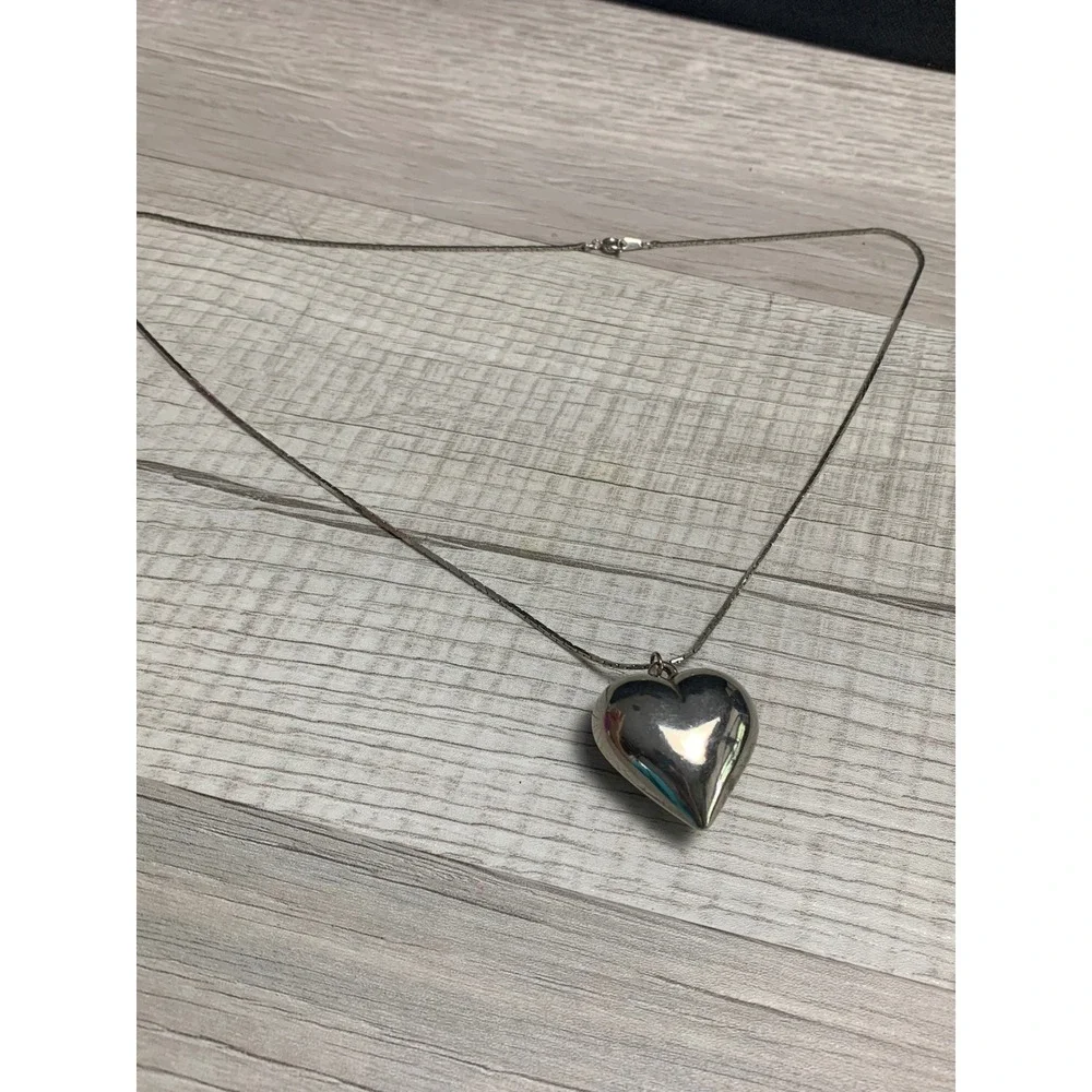 Silver Tone Puffed Heart Pendant Necklace 24 Inch Snake Chain Minimalist Jewelry